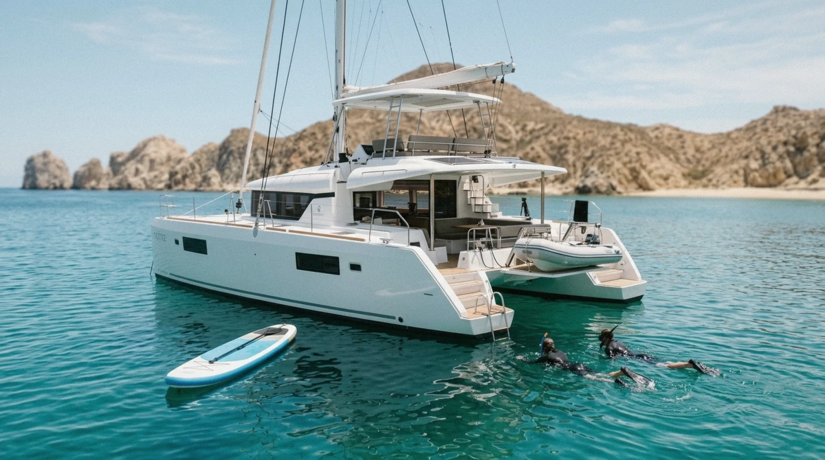 A luxury catamaran anchored in a turquoise Cabo San Lucas bay with snorkelers in the water, on a snorkeling in Cabo San Lucas tour