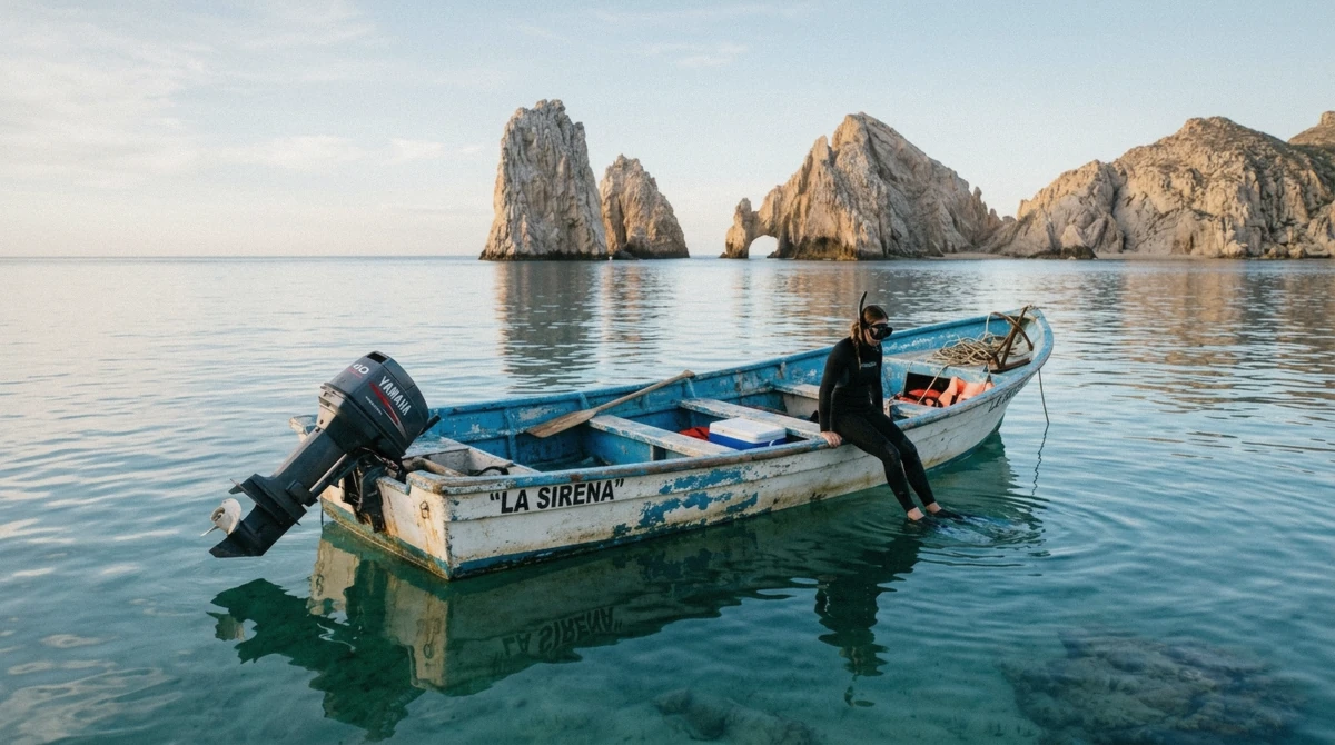 A small panga boat crossing calm morning water near the Arch on a Cabo San Lucas morning snorkel excursion at Land's End