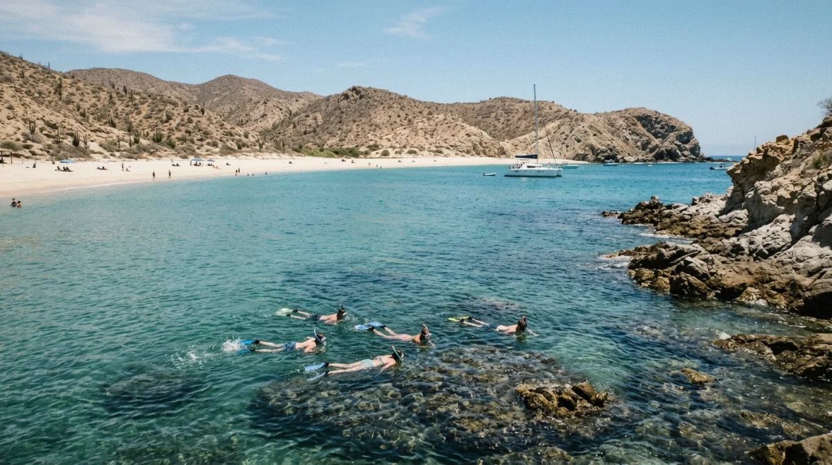 Snorkelers floating in the clear turquoise cove of Santa Maria Bay on a catamaran snorkeling in Cabo San Lucas tour